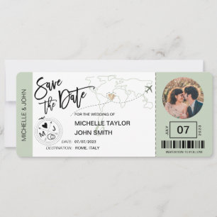 Save the Date Boarding Pass Simple World Map Invit Invitation