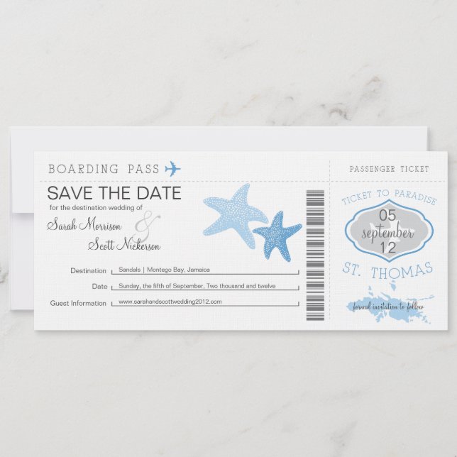 Save the Date Boarding Pass to St. Thomas (Front)