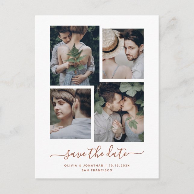 Save the Date | Boho Terracotta Four Photo Collage Postcard (Front)