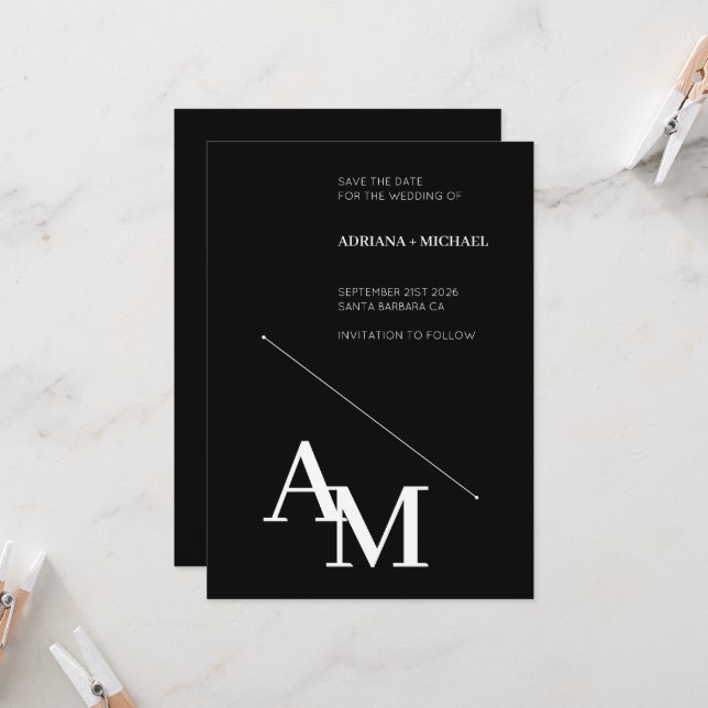  Save the Date Bold Typography White on Black Invitation (Front/Back In Situ)