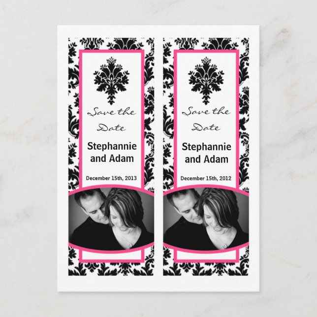 Save the Date Book Mark Favours Black Hot Pink Dam Announcement Postcard (Front)