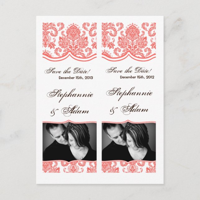 Save the Date Book Mark Favours Coral White Damask Announcement Postcard (Front)