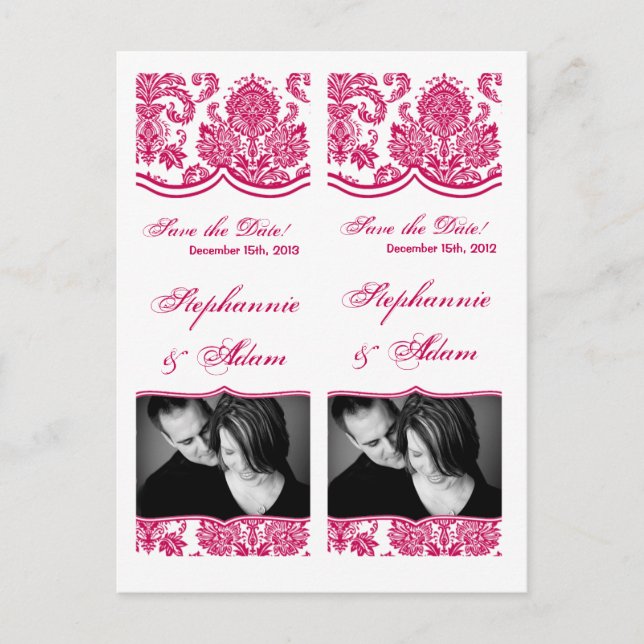 Save the Date Book Mark Favours Fusia White Damask Announcement Postcard (Front)