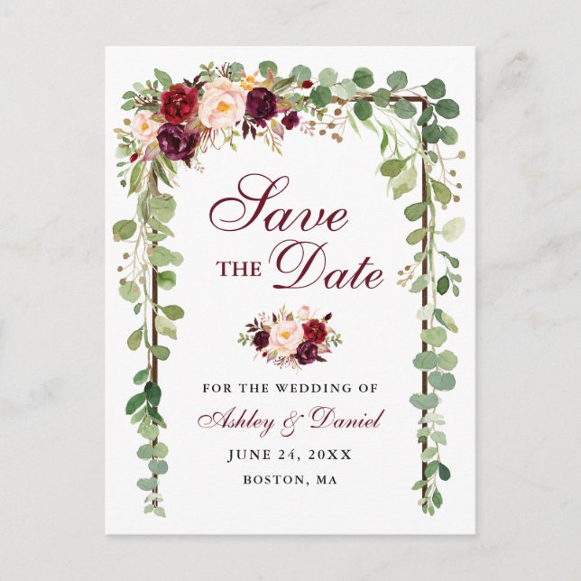 Save The Date Botanical Green Burgundy Floral Wood Announcement Postcard (Front)