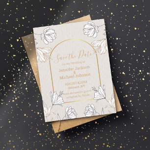save the date botanical grey gold arch wedding   postcard