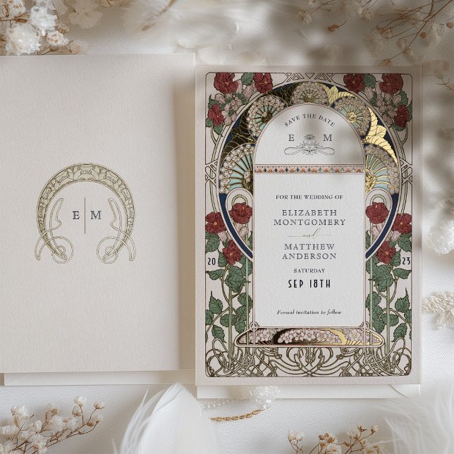 Save the Date Bougainvillea Burgundy Gold Wedding (Creator Uploaded)