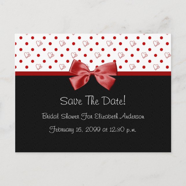 Save The Date Bridal Shower Girly Red Hearts Announcement Postcard (Front)