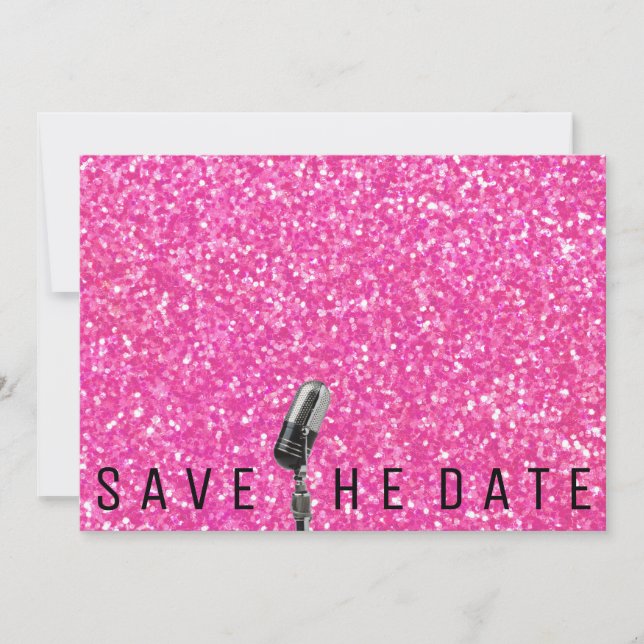 Save The Date Bright Pink Glitter Microfone (Front)