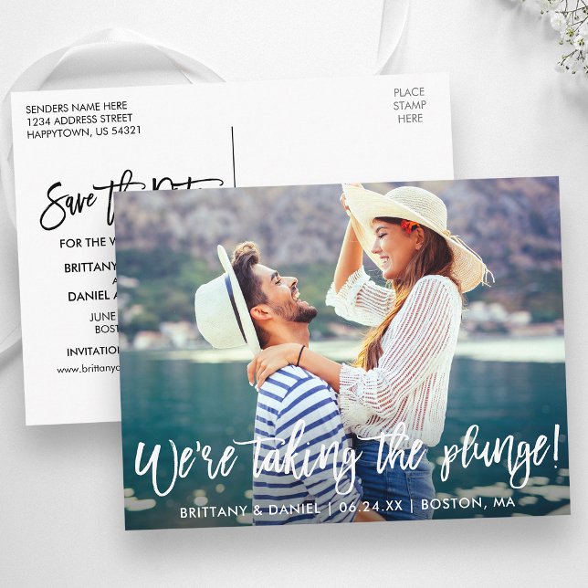 Save the Date Brush Script Taking The Plunge Postcard (Customize to change your personalized text size or text style.)