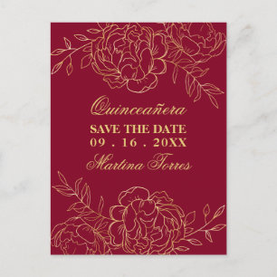 Save the Date Burgundy and Gold Fine Art Floral Announcement Postcard