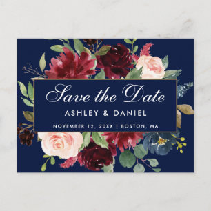 Save the Date Burgundy Floral Blue Gold Frame Announcement Postcard