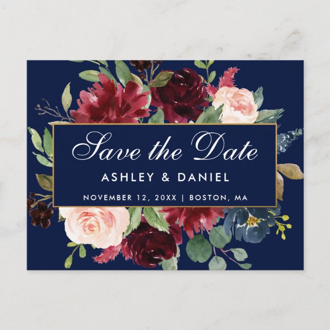 Save the Date Burgundy Floral Blue Gold Frame Announcement Postcard (Front)