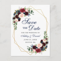 Save the Date Burgundy Floral Blue Gold Frame