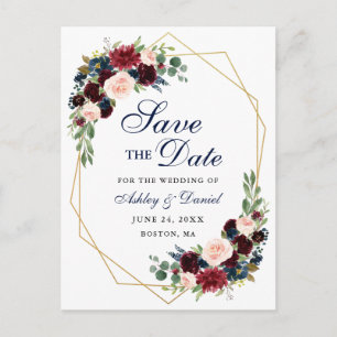 Save the Date Burgundy Floral Blue Gold Frame Announcement Postcard