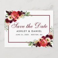 Save The Date Burgundy Floral Boho