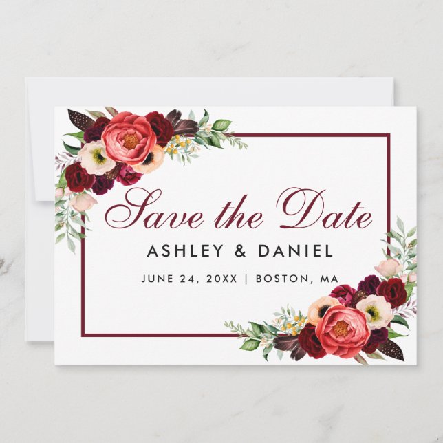 Save The Date Burgundy Floral Card B (Front)