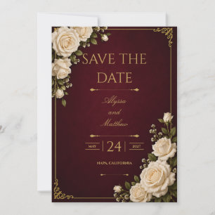 Save the Date Burgundy & Gold White Rose Invitation