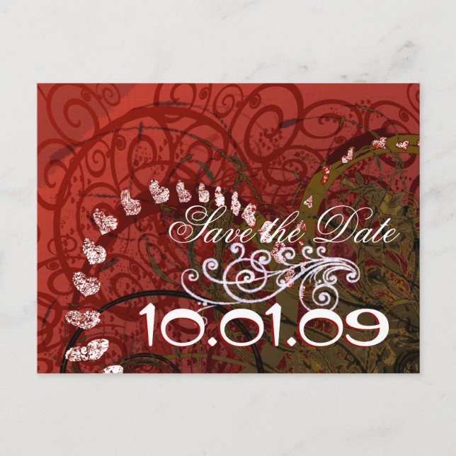 Save The Date Burgundy Hearts Announcement Postcard (Front)