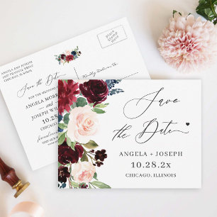 Save the Date Burgundy Maroon Blush Navy Floral Postcard