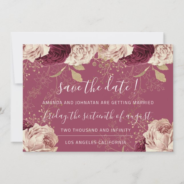 Save The Date Burgundy Rose Pink Roses Marsala (Front)