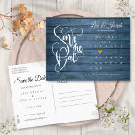 Save the Date Calendar Blue Rustic Wood Gold Heart Announcement Postcard<br><div class="desc">This stylish save the date card features a calendar and a pretty gold love heart highlighting your special date on a blue rustic wood background. 
The reverse has additional save the date details,  including your wedding website,  with your return address and space for your recipient's address. Designed by Thisisnotme©</div>