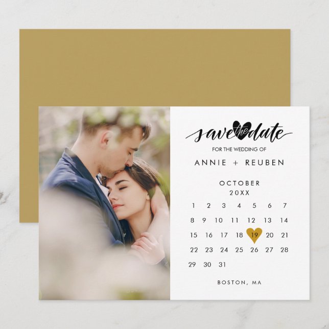 Save the Date Calendar Chic Gold Love Heart Photo Invitation (Front/Back)