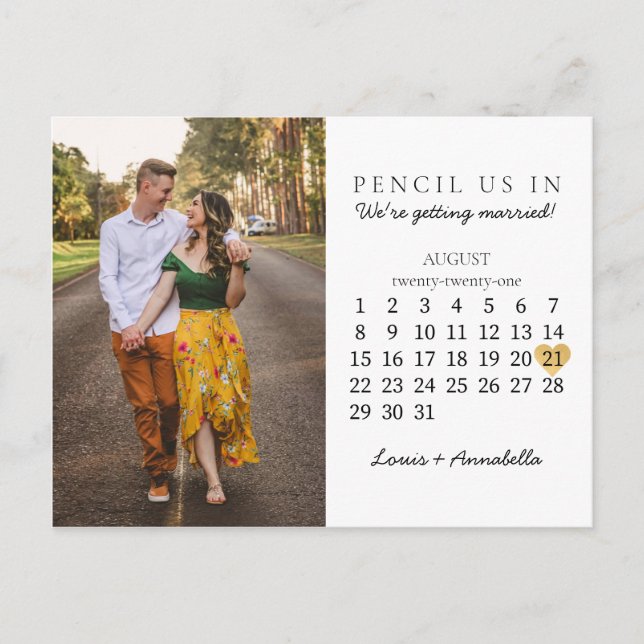 Save the Date Calendar Gold Heart August 2021 Postcard (Front)