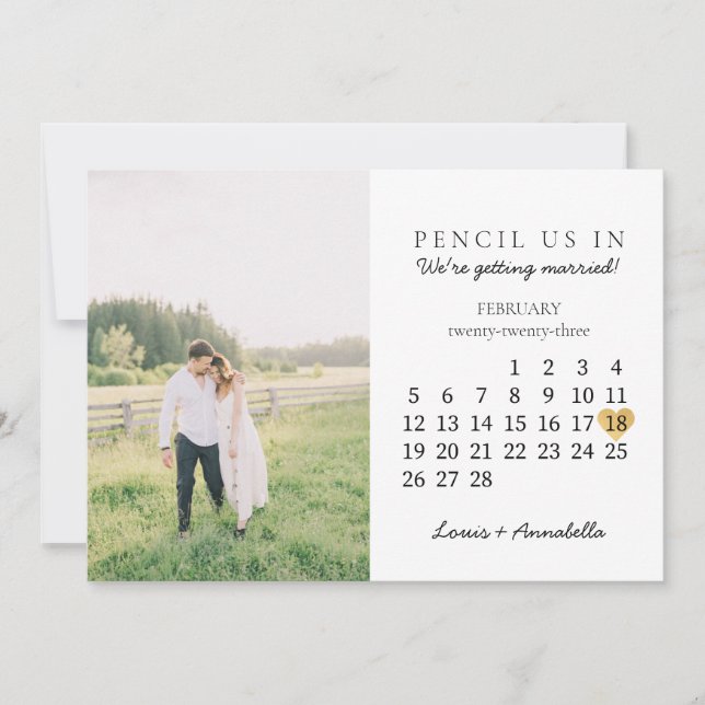 Save the Date Calendar Gold Heart February 2023 Invitation (Front)