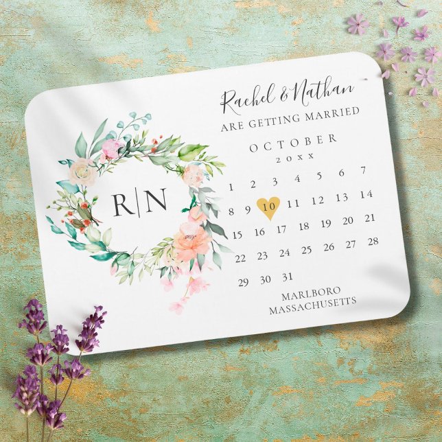 Save the Date Calendar Gold Heart Floral Magnet (Creator Uploaded)