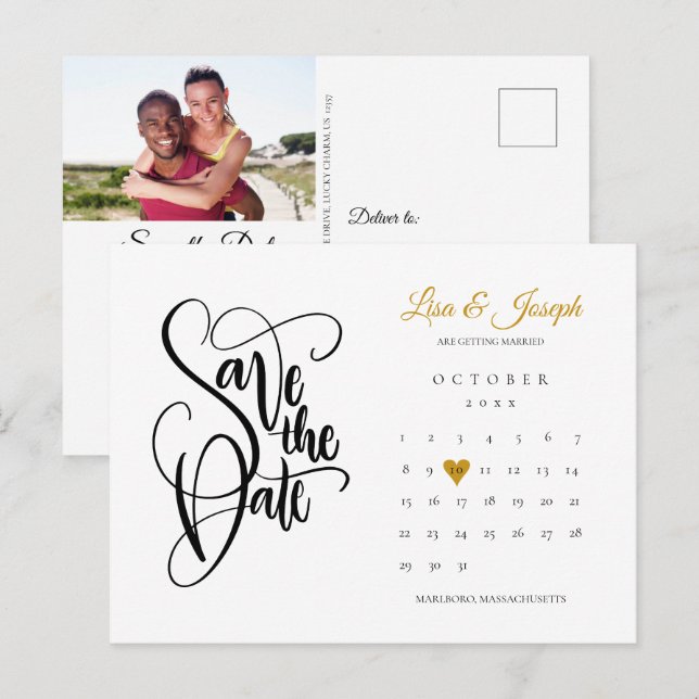 Save the Date Calendar Gold Heart Photo Announcement Postcard (Front/Back)