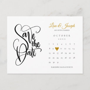 Save the Date Calendar Gold Heart QR Code Announcement Postcard