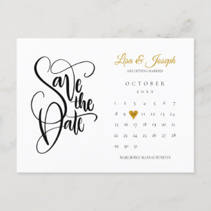 Save the Date Calendar Gold Heart QR Code Announcement Postcard