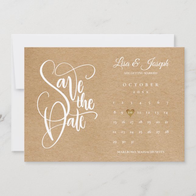 Save the Date Calendar Gold Heart Rustic Kraft (Front)