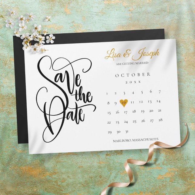 Save the Date Calendar Gold Love Heart  Magnetic Invitation (Creator Uploaded)