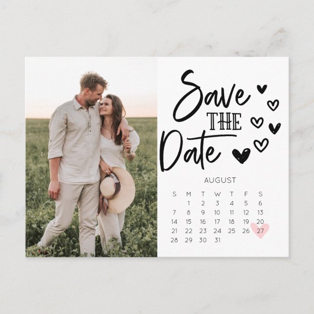 Save The Date Calendar Postcard Hand Drawn Hearts (Front)