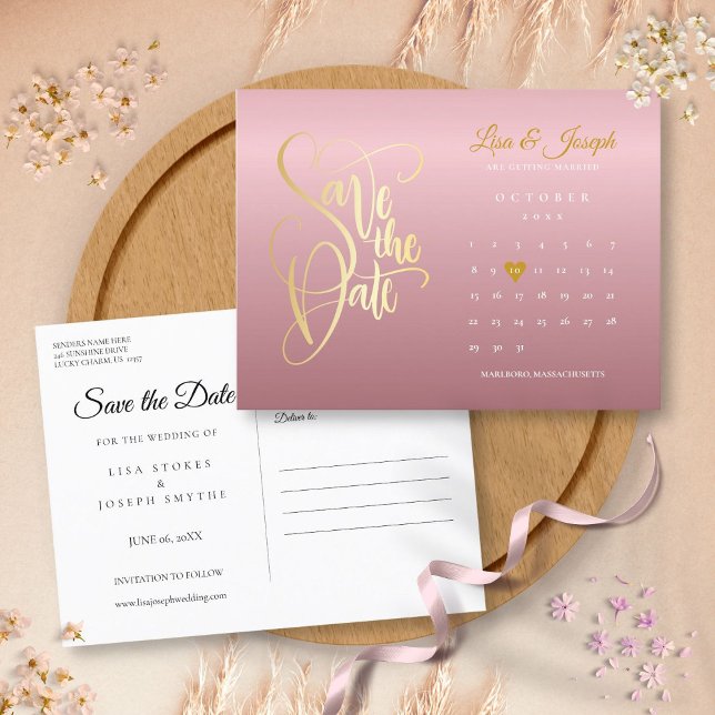 Save the Date Calendar  Rose Gold Chic Love Heart Announcement Postcard (Save the Date Calendar Rose Gold Chic Love Heart Announcement Postcard)
