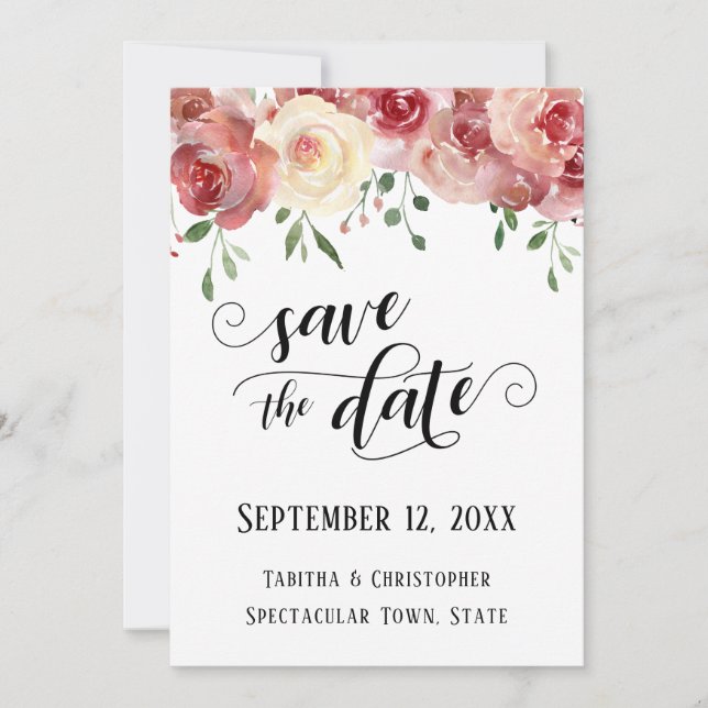 Save the Date Calligraphy, Burgundy, Blush Roses (Front)