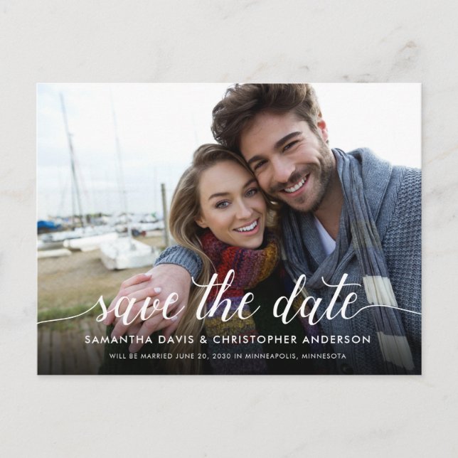 Save the Date Calligraphy Script Horizontal Photo Postcard (Front)