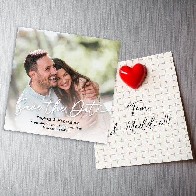 Save the Date Calligraphy Script Photo Magnetic  (Wedding save the date photo magnetic card. with simple elegant style. )