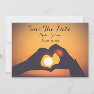 Save the date card, lover's hands, sunset invitation