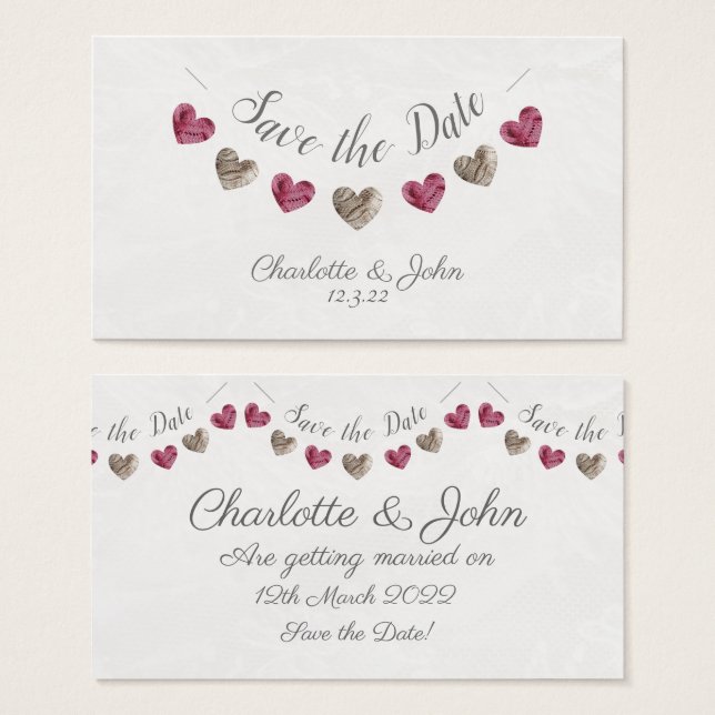 Save the date card with pink & cream wool bunting (Front & Back)