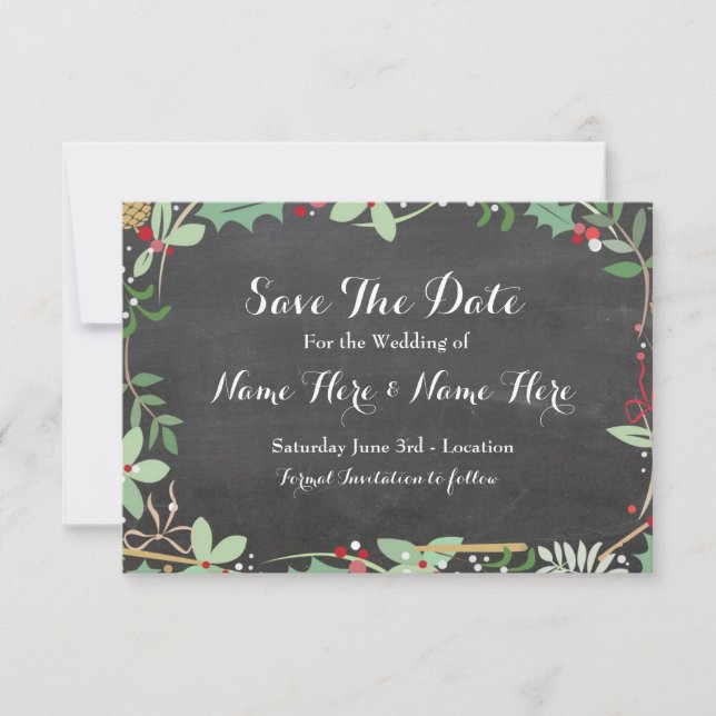 Save The Date Chalk Rustic Winter Holidays Berries (Front)
