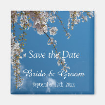 Save the date, cherry blossom branches in blue sky