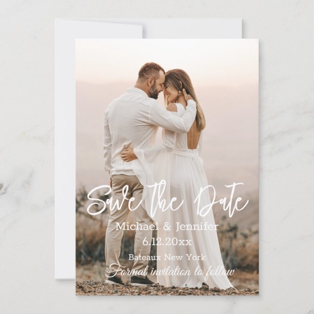 save the date,chic white calligraphy wedding photo invitation (Front)