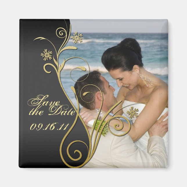 Save the Date Classy Black & Gold Floral Magnet (Front)