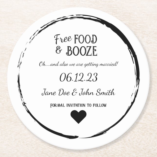 Save the Date Coaster - Free Food & Booze (Front)