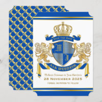 Save the Date Coat of Arms Blue Gold Lion Emblem