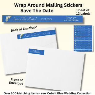 Save The Date, Cobalt Blue & White Roses Wedding Wrap Around Label