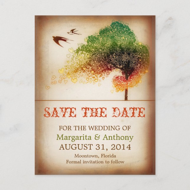 save the date colourful love tree vintage postcard (Front)