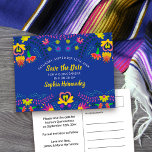 Save the Date Colourful Mexican Fiesta Royal Blue Announcement Postcard<br><div class="desc">Save the Date Postcard which you can customise to suit any occasion. The Mexican fiesta floral design has an abundance of colourful flowers on the front with handwritten brushed typography in yellow, on a royal blue background. The template is set up for you to personalise the postcard with your special...</div>